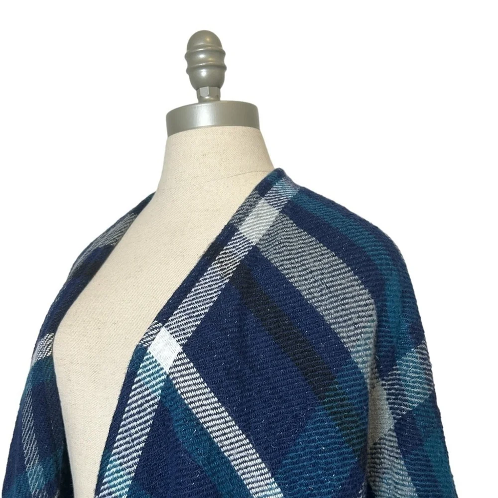 Steve Madden Blue Turquoise Reversible Plaid Houndstooth Shawl Scarf Wrap - Picture 3 of 13